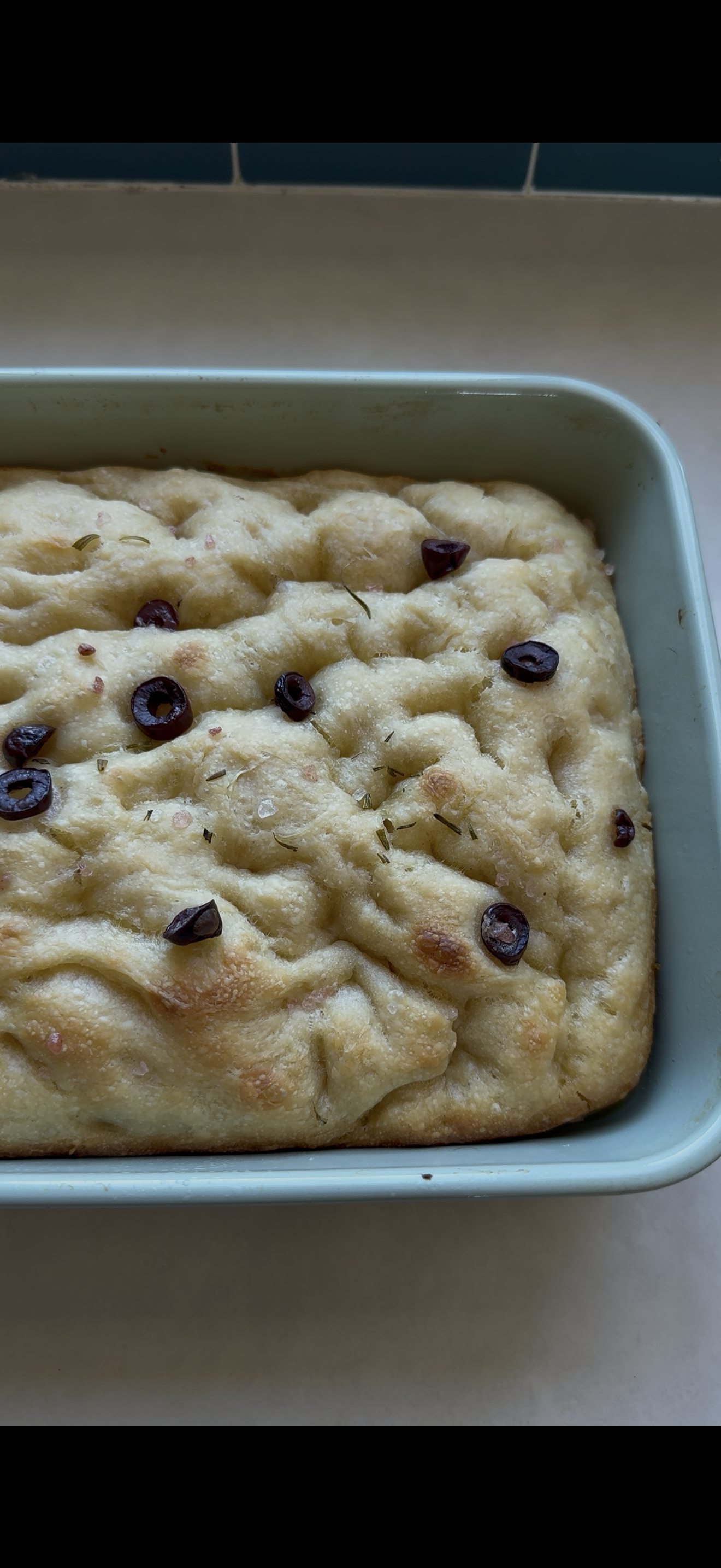 No-knead sourdough focaccia with olives and rosemary