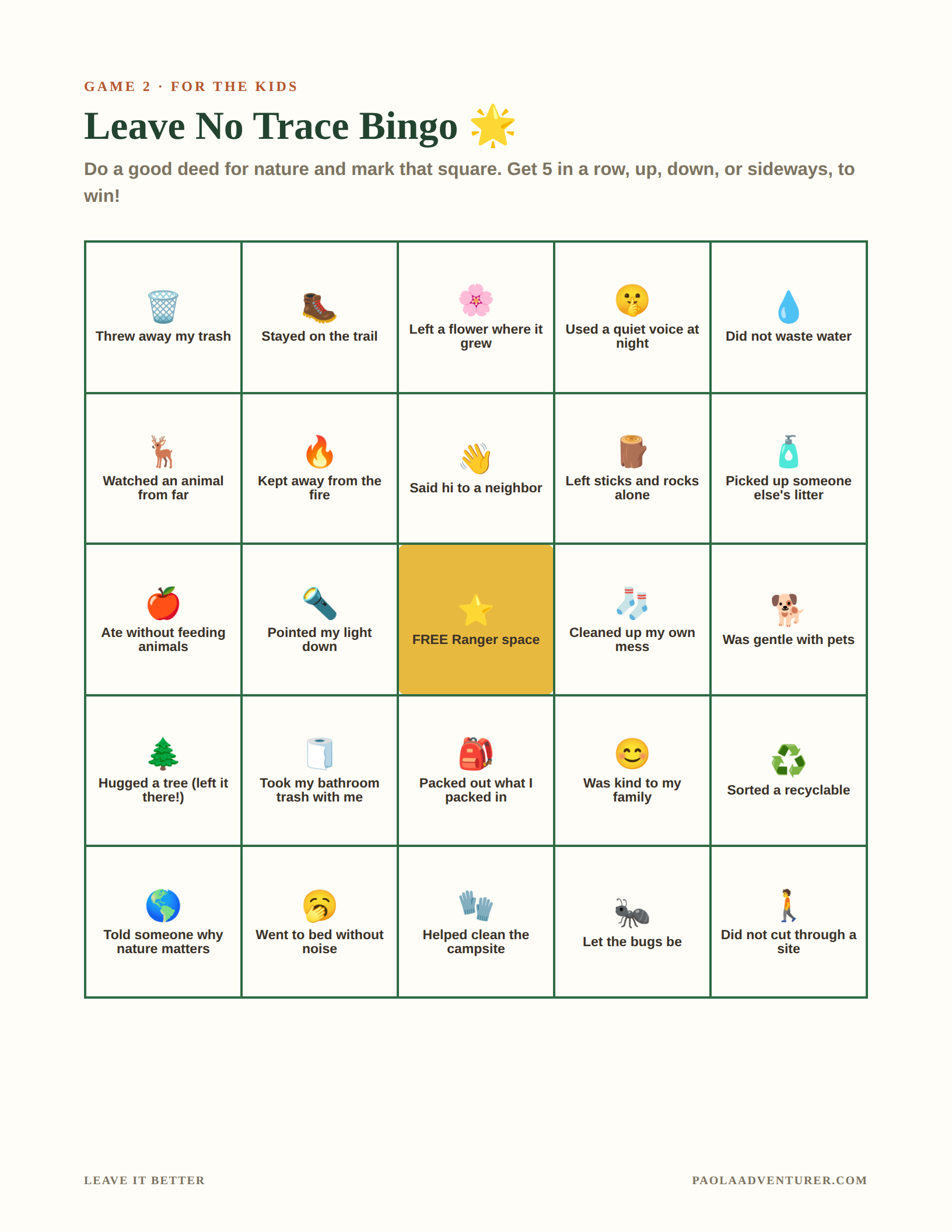 Leave No Trace Bingo page